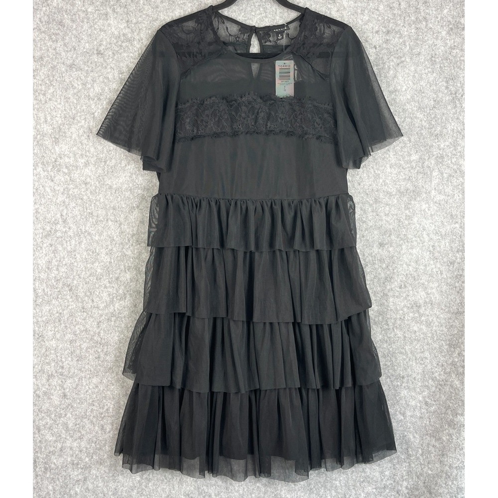 Torrid Mini Dress Womens 12 Large Black Mesh Lace Tiered Witchy Fairygoth NWT